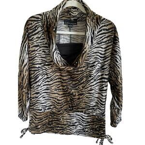 Isabella Rodriguez Sz L Top Animal Print Sparkle 3/4 Sleeve Cowl Neck Casual Fun